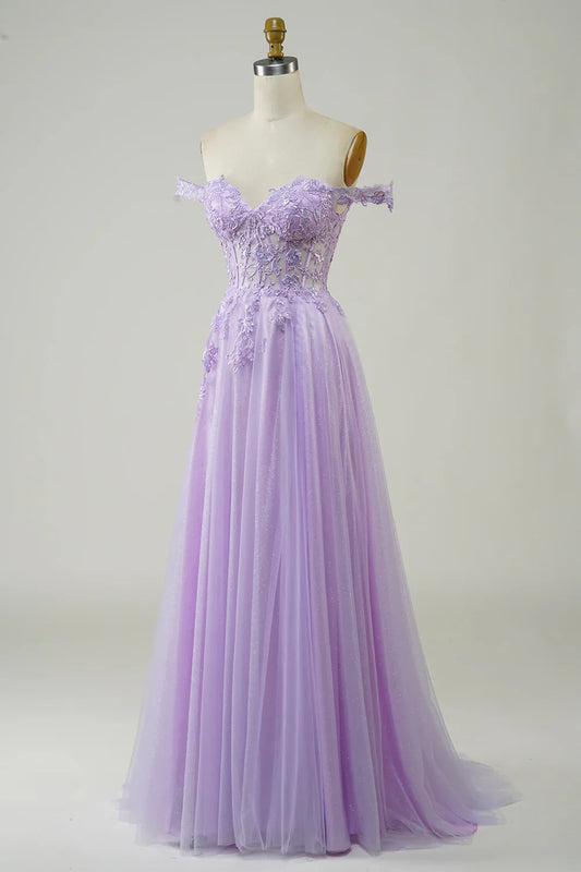 Vestido de fiesta morado largo de tul con encaje y corte en A, TP1382