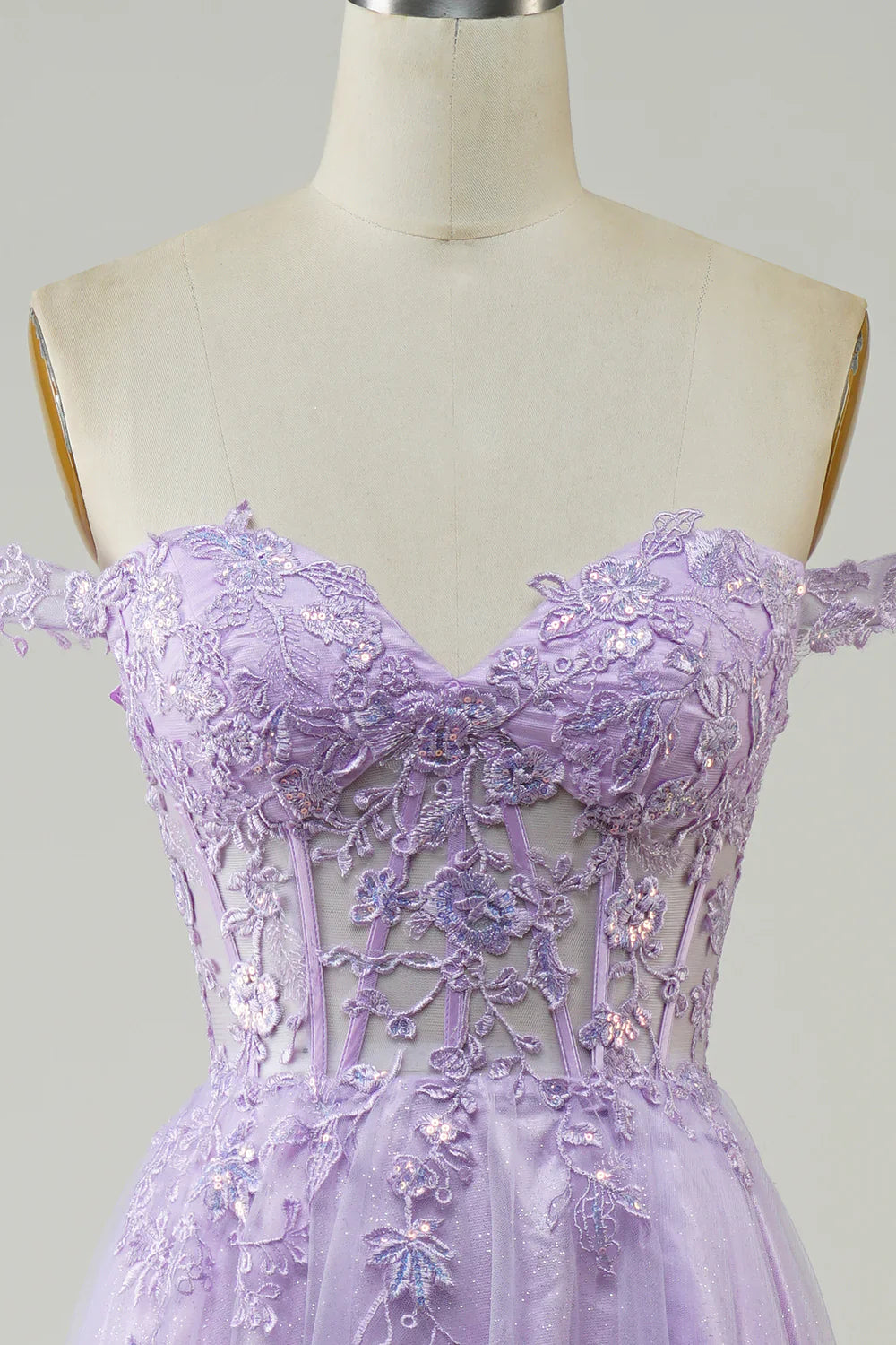 Vestido de fiesta morado largo de tul con encaje y corte en A, TP1382