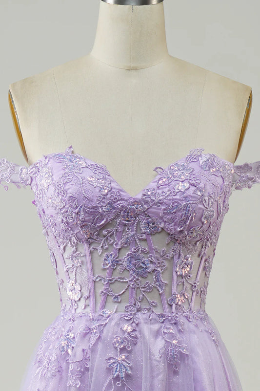 Vestido de fiesta morado largo de tul con encaje y corte en A, TP1382