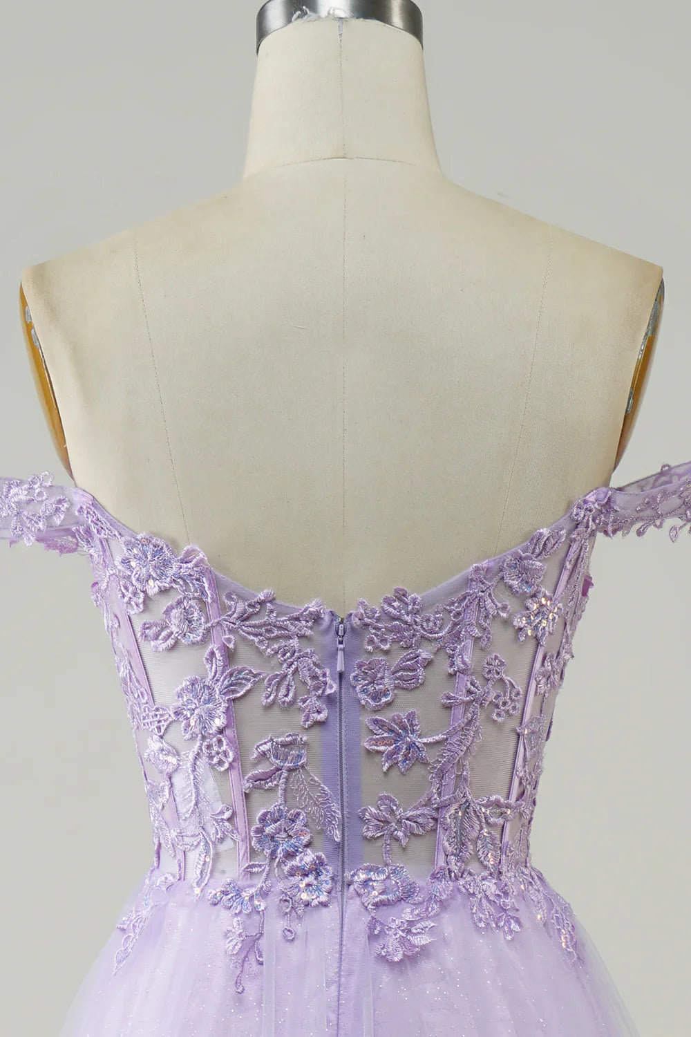 Vestido de fiesta morado largo de tul con encaje y corte en A, TP1382