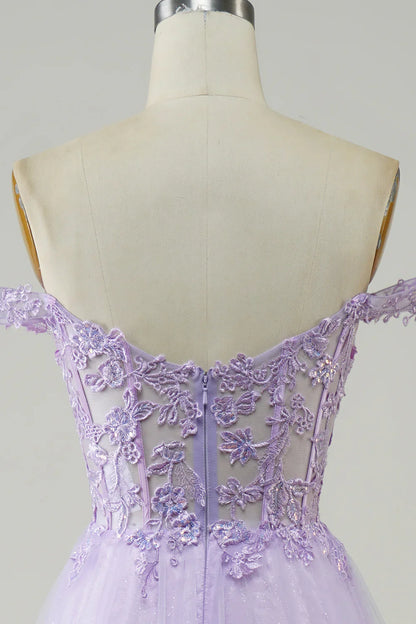 Vestido de fiesta morado largo de tul con encaje y corte en A, TP1382