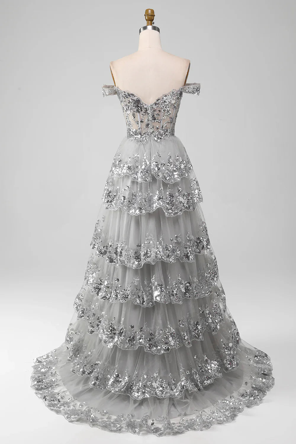 Off the Shoulder Grey Silver Sparkly Tiered Prom Dress with Slit TP1383