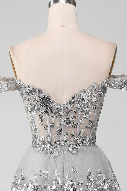 Off the Shoulder Grey Silver Sparkly Tiered Prom Dress with Slit TP1383