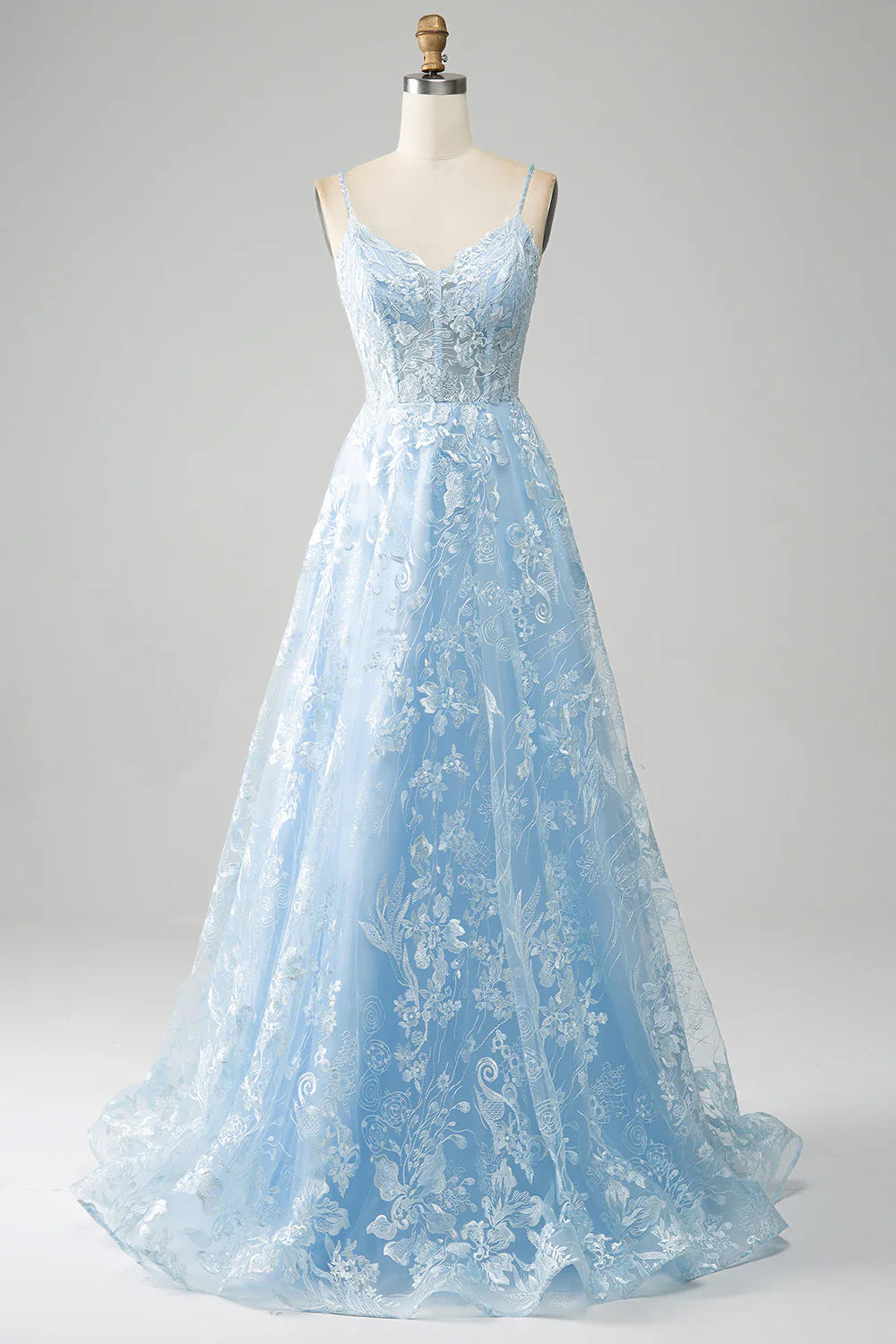 Vestido de fiesta azul cielo con escote en A, tirantes finos, encaje y corsé largo TP1385