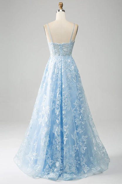 Vestido de fiesta azul cielo con escote en A, tirantes finos, encaje y corsé largo TP1385
