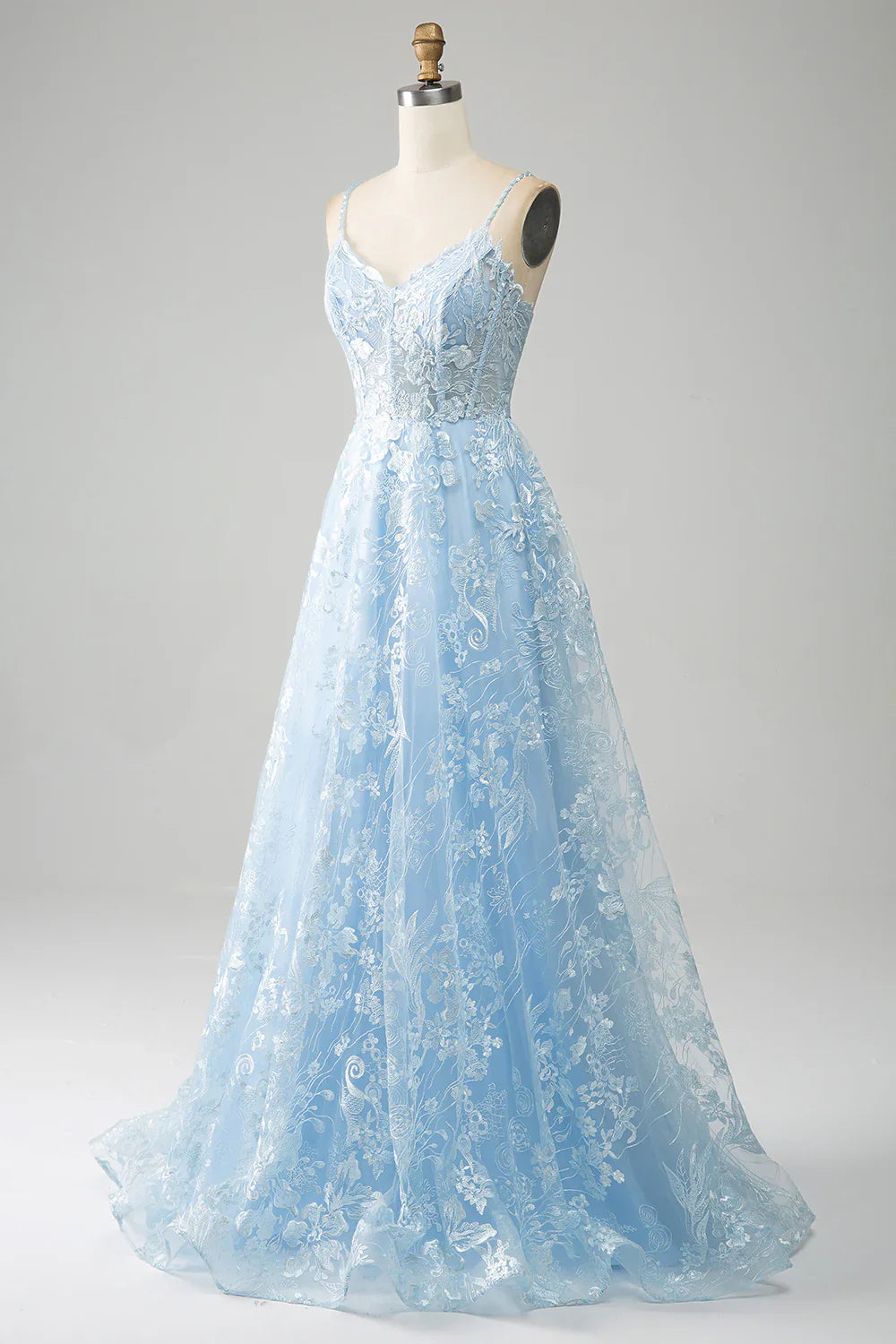 Vestido de fiesta azul cielo con escote en A, tirantes finos, encaje y corsé largo TP1385