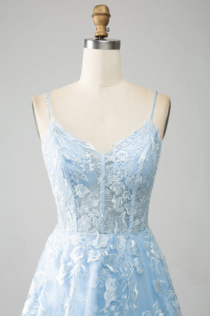 Vestido de fiesta azul cielo con escote en A, tirantes finos, encaje y corsé largo TP1385