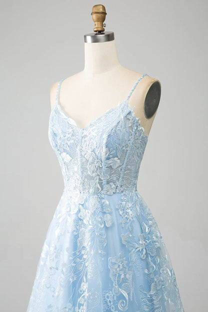 Vestido de fiesta azul cielo con escote en A, tirantes finos, encaje y corsé largo TP1385