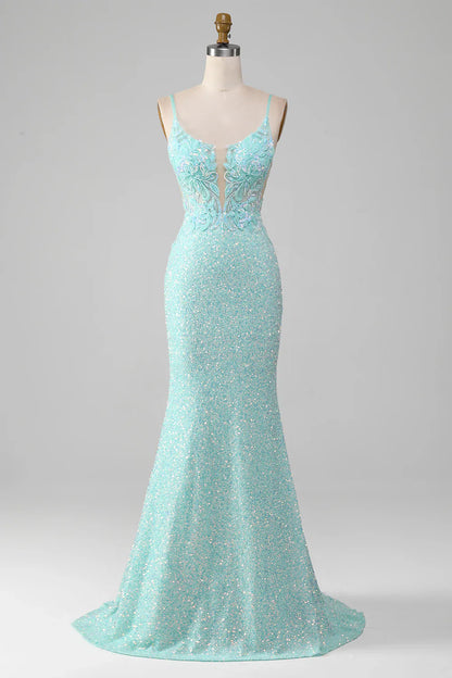 Vestido de fiesta de sirena con lentejuelas verde claro brillante y abertura TP1386