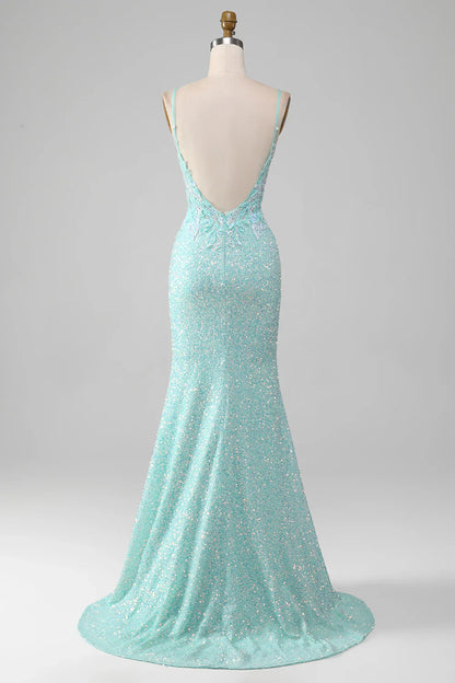 Vestido de fiesta de sirena con lentejuelas verde claro brillante y abertura TP1386