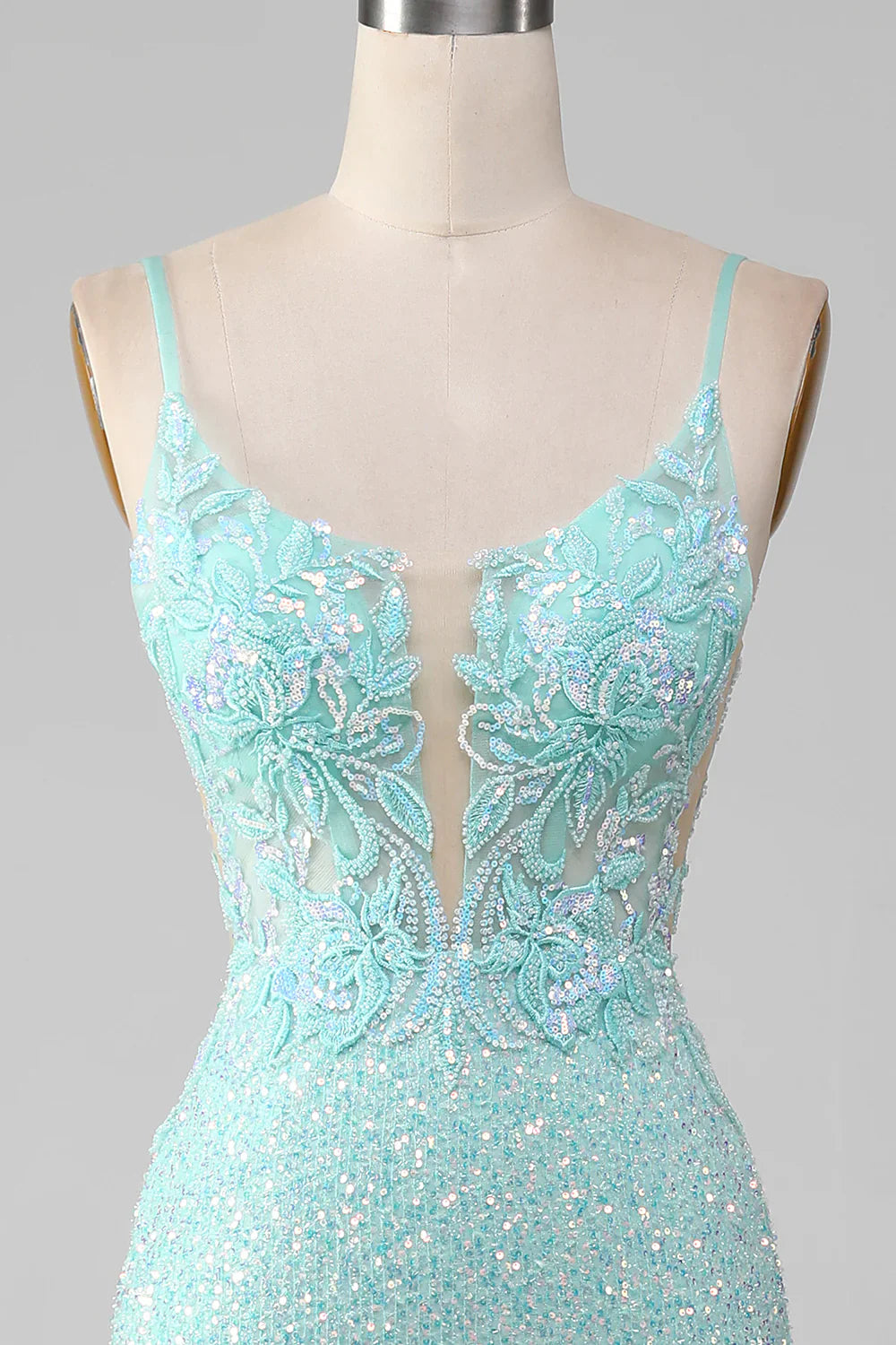 Vestido de fiesta de sirena con lentejuelas verde claro brillante y abertura TP1386