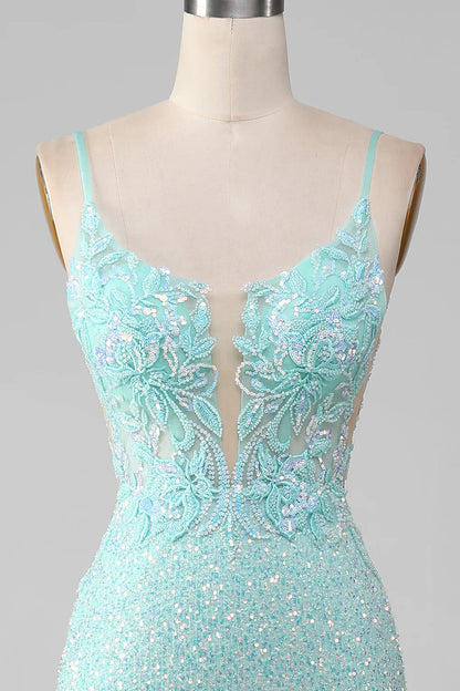Vestido de fiesta de sirena con lentejuelas verde claro brillante y abertura TP1386