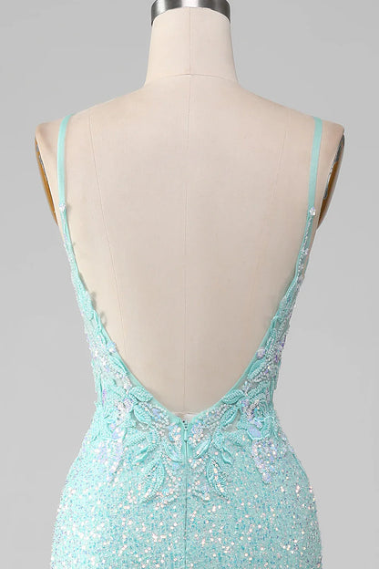 Vestido de fiesta de sirena con lentejuelas verde claro brillante y abertura TP1386