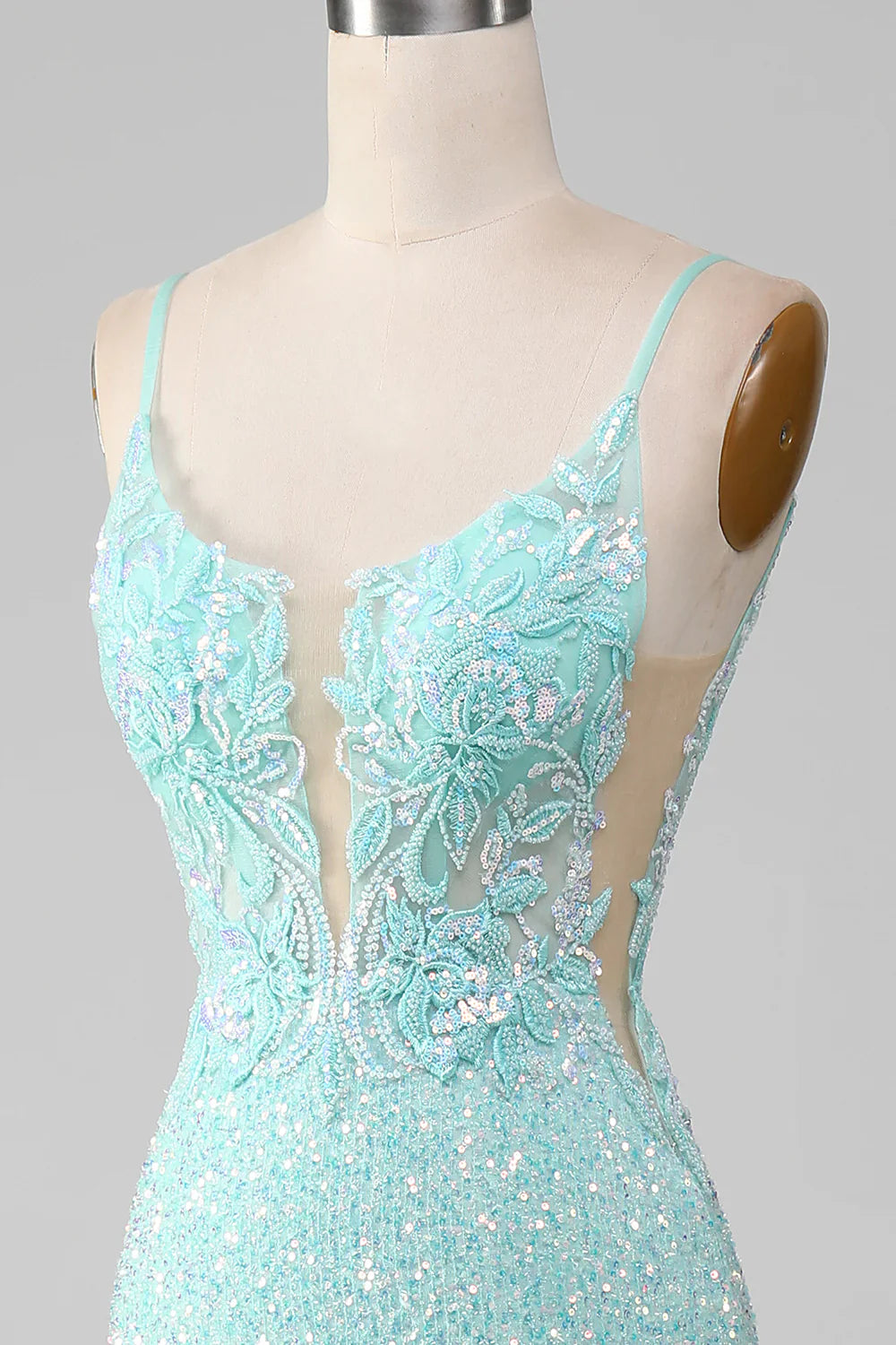 Vestido de fiesta de sirena con lentejuelas verde claro brillante y abertura TP1386