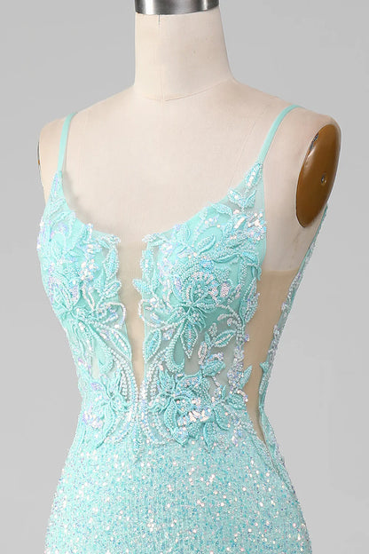 Vestido de fiesta de sirena con lentejuelas verde claro brillante y abertura TP1386