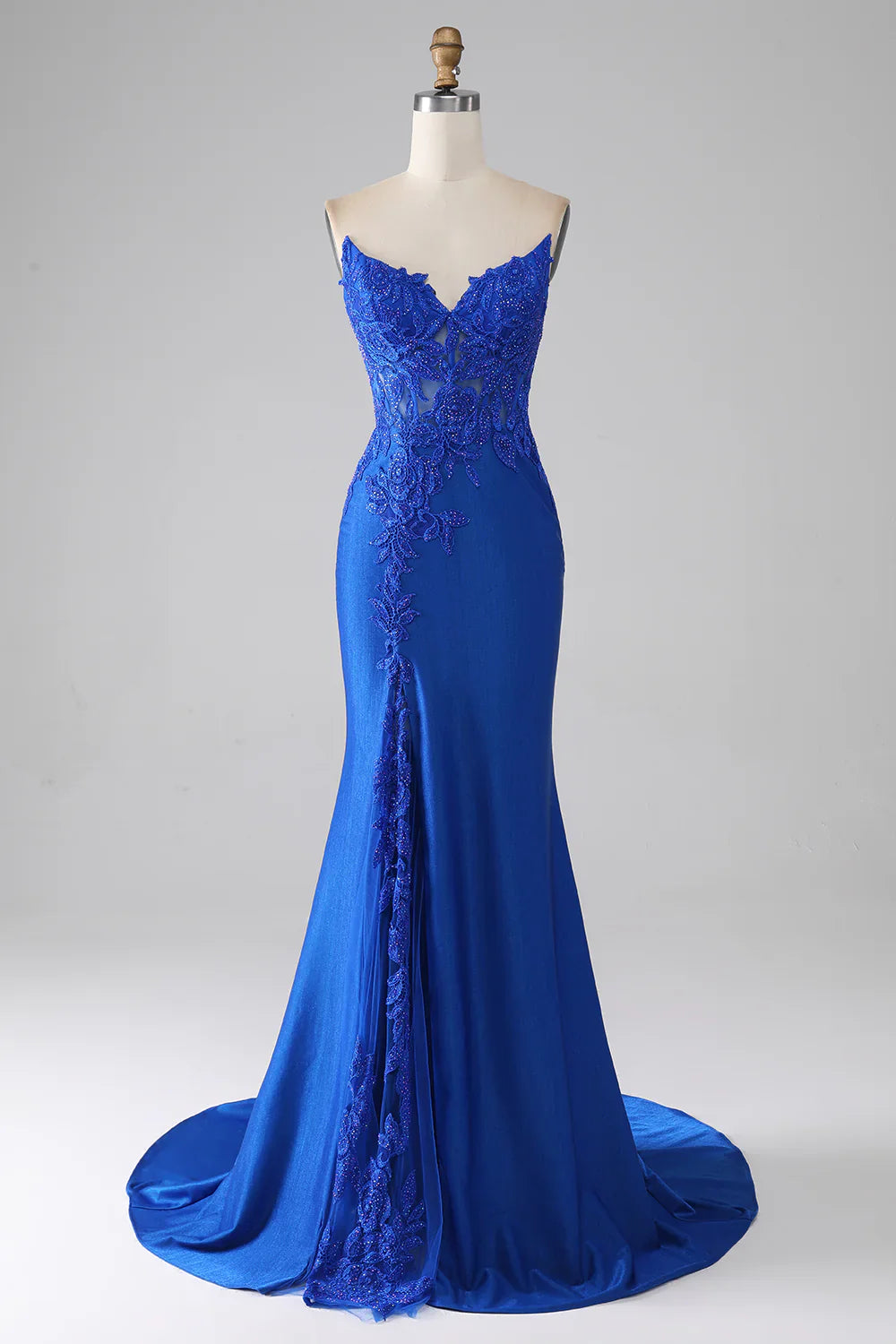 Vestido de fiesta largo azul real de sirena, sin tirantes, con cuentas y apliques TP1387