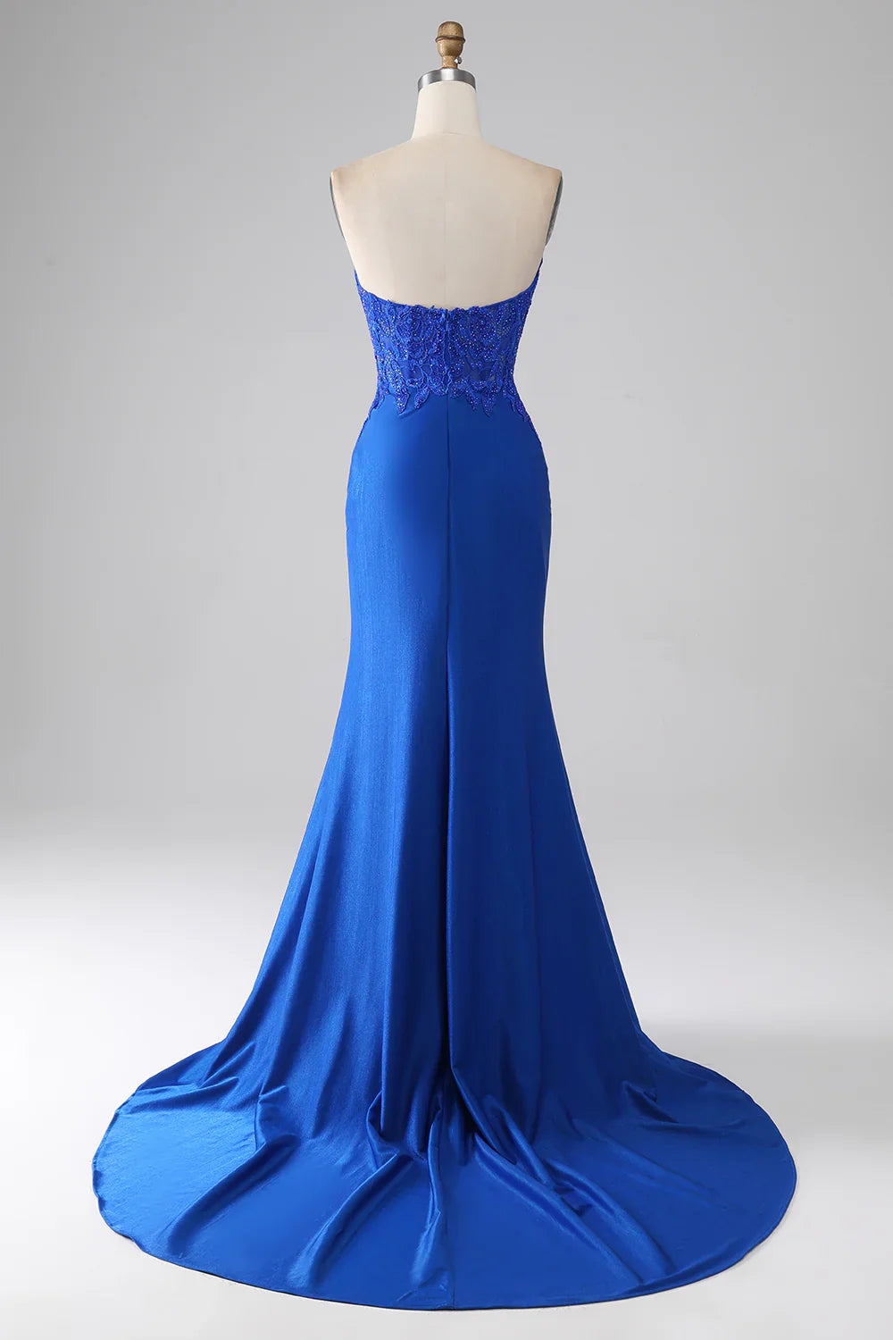 Vestido de fiesta largo azul real de sirena, sin tirantes, con cuentas y apliques TP1387
