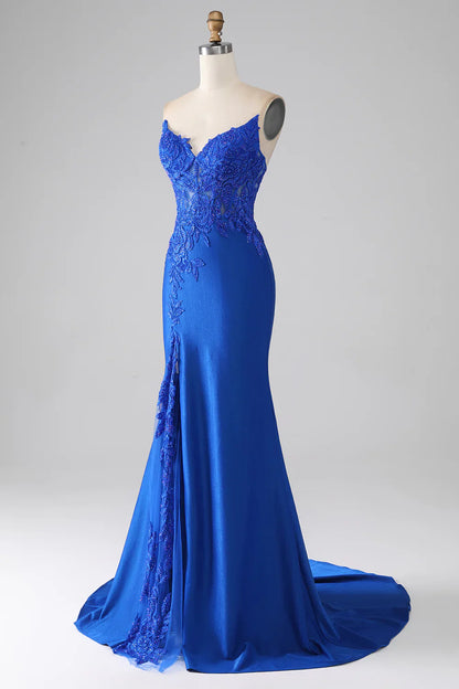 Vestido de fiesta largo azul real de sirena, sin tirantes, con cuentas y apliques TP1387