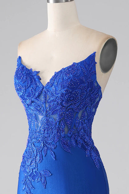 Vestido de fiesta largo azul real de sirena, sin tirantes, con cuentas y apliques TP1387
