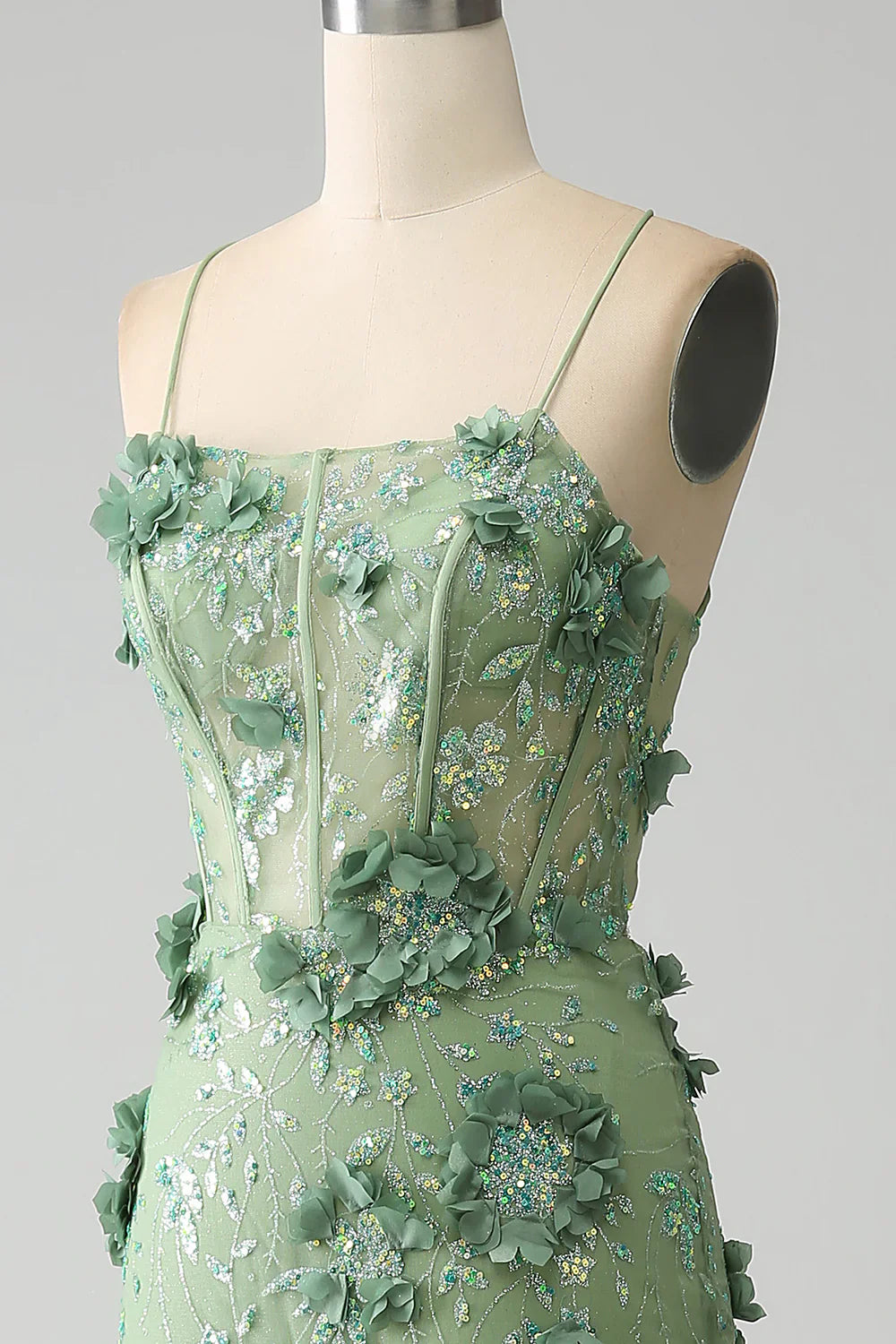Vestido de fiesta de sirena con tirantes finos, corsé verde y apliques TP1388