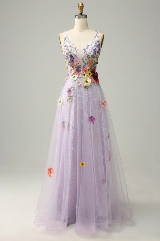 Vestido de fiesta largo color lavanda con escote en V profundo y apliques TP1393