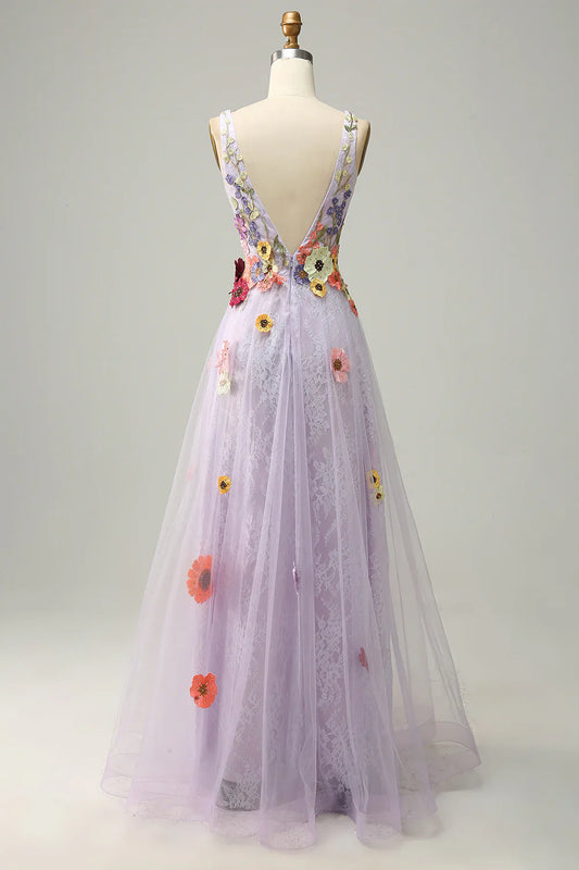 Vestido de fiesta largo color lavanda con escote en V profundo y apliques TP1393