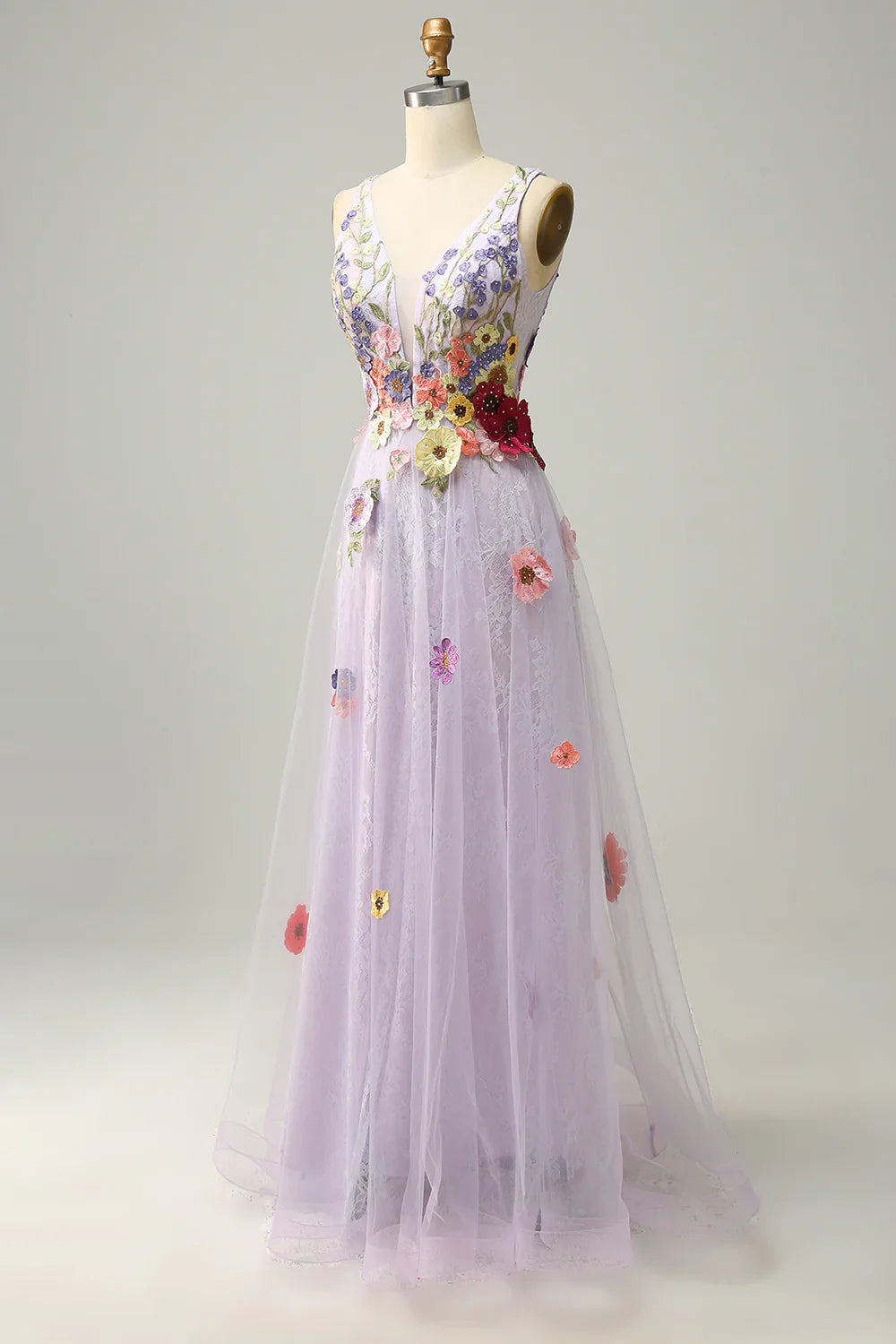 Vestido de fiesta largo color lavanda con escote en V profundo y apliques TP1393
