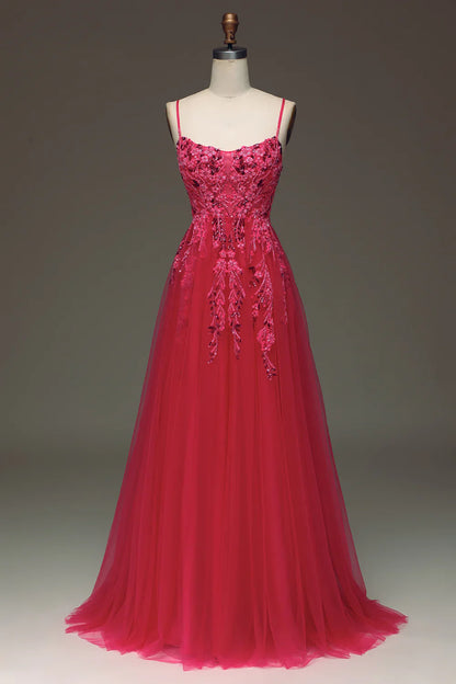 Spaghetti Straps A Line Red Prom Dress with Appliques TP1395