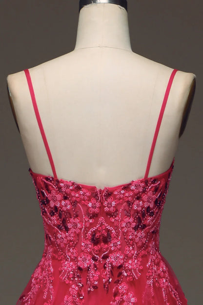 Spaghetti Straps A Line Red Prom Dress with Appliques TP1395