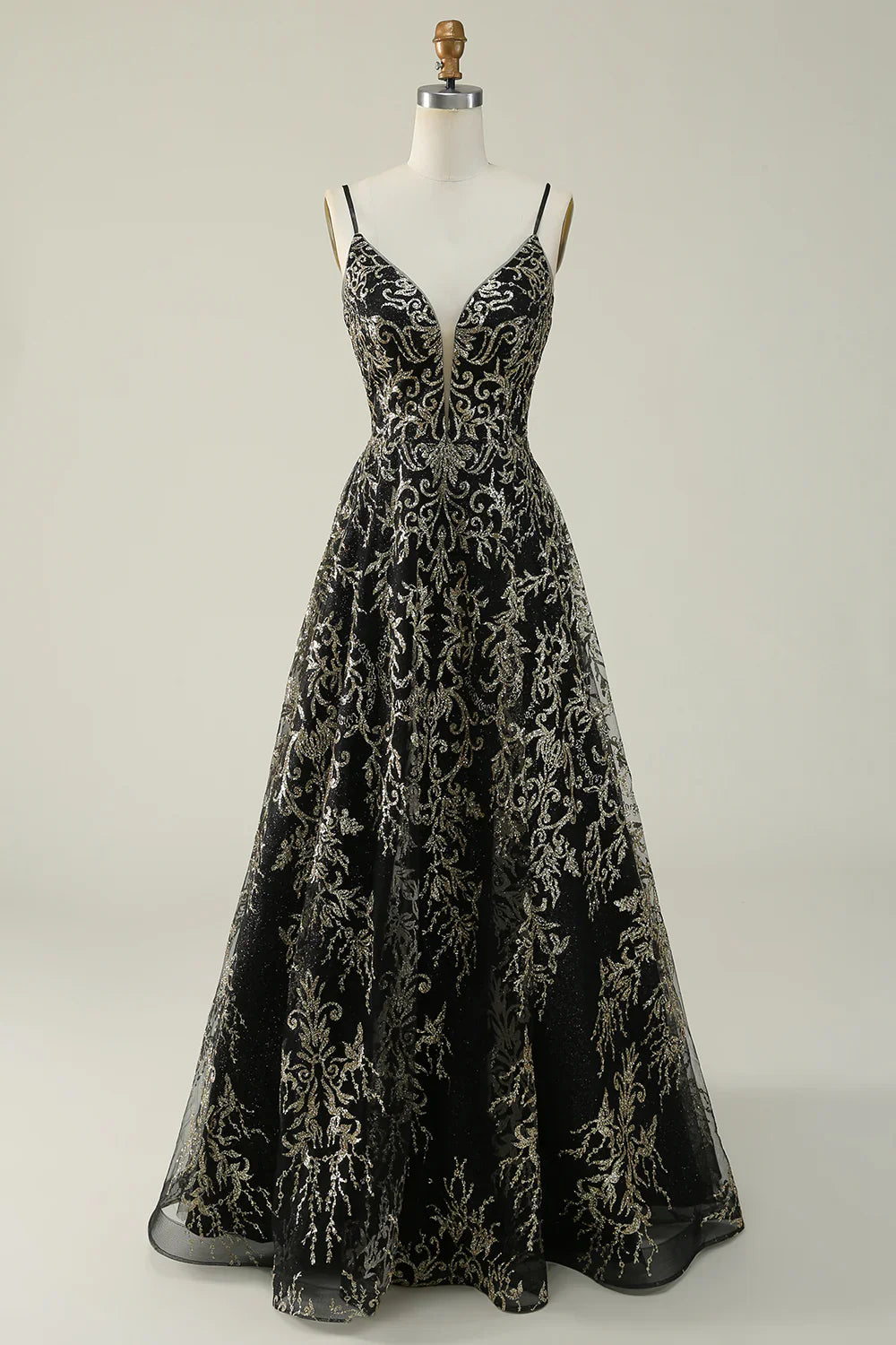 Black Golden Spaghetti Straps Long Prom Dress TP1397