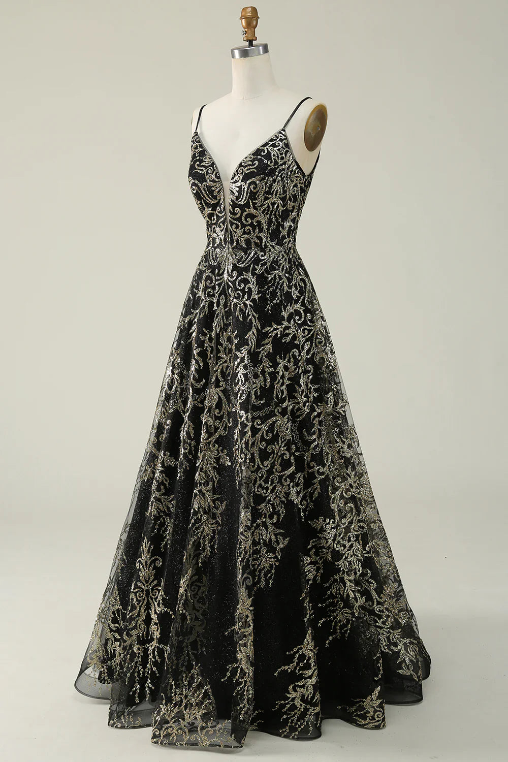 Black Golden Spaghetti Straps Long Prom Dress TP1397