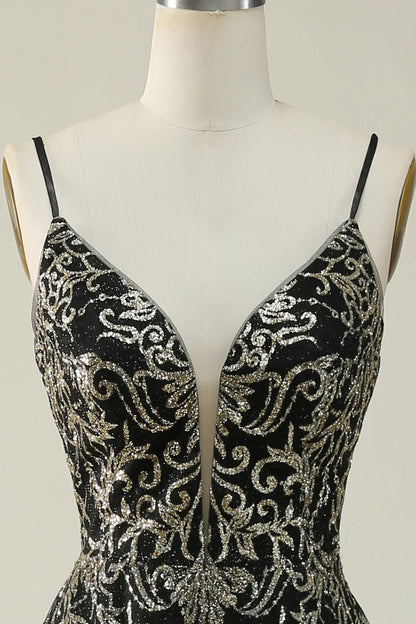 Black Golden Spaghetti Straps Long Prom Dress TP1397