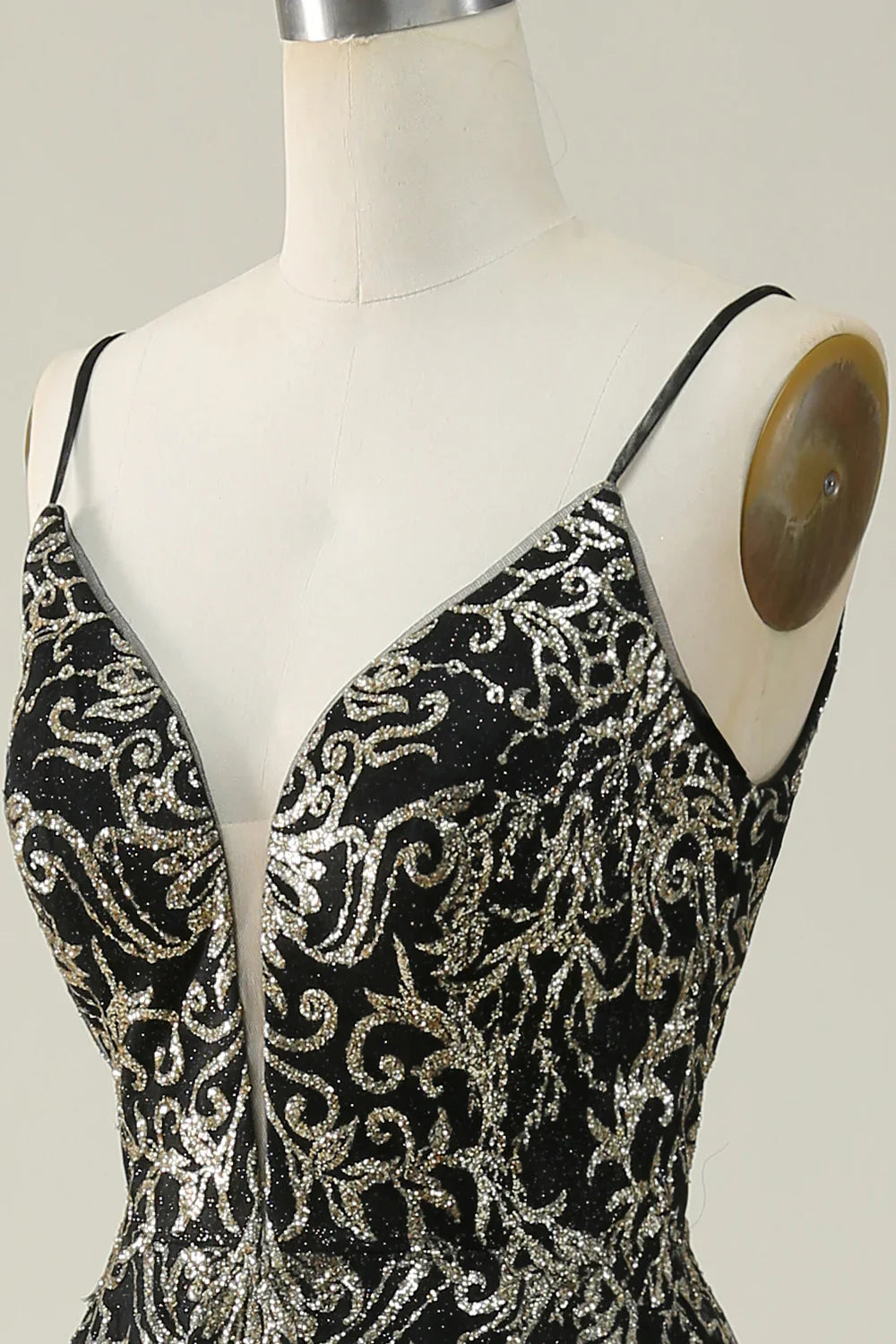 Black Golden Spaghetti Straps Long Prom Dress TP1397