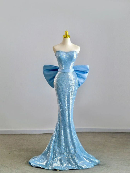 Vestido de noche de sirena con lentejuelas, hombros descubiertos y espalda con lazo TP1399