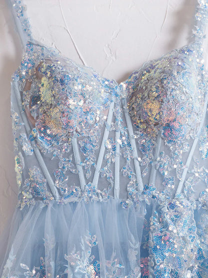 Blue Crystal Sequins Princess A Line Off the Shoulder Prom Dress with Lace Ruffles TP1402