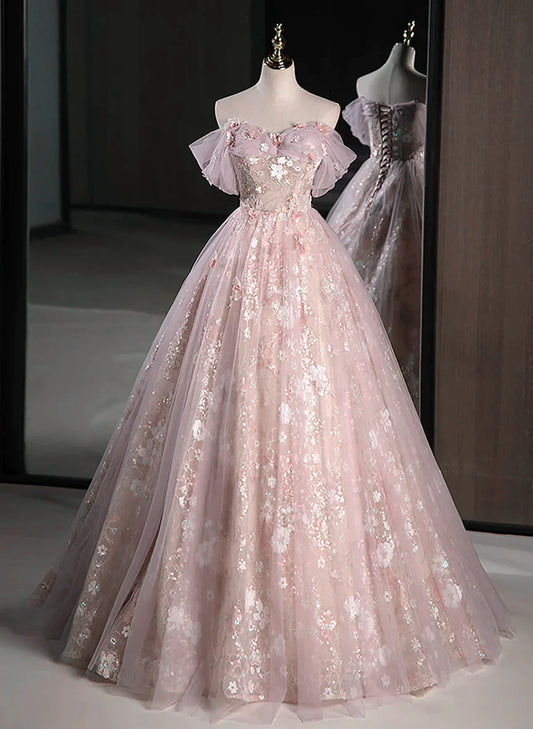 Vestido de fiesta rosa con escote en forma de corazón, encaje floral y tul, vestido de fiesta rosa largo con escote en forma de corazón TP1403