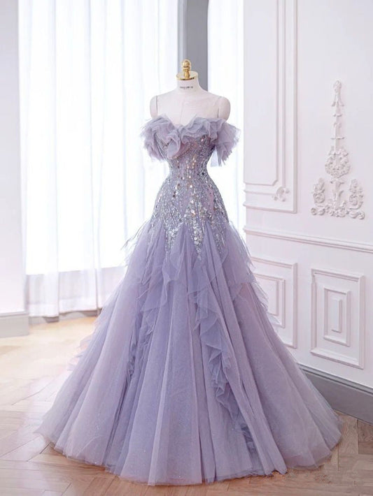 Vestido de noche largo morado de tul con lentejuelas y escote en forma de A TP1404