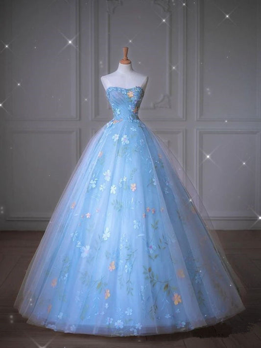 Vestido de noche largo de tul con escote corazón, sin tirantes y estampado floral azul TP1405