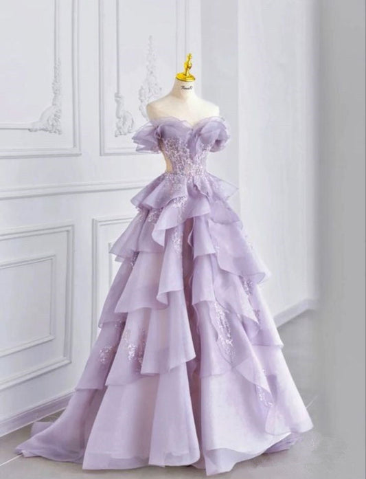 Vestido de fiesta lila con hombros descubiertos y corte en A, estilo hada, TP1406