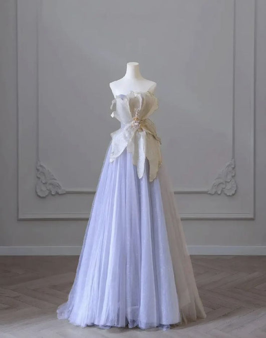Elegante vestido de noche sin tirantes, corte A, con flores 3D en lila y morado TP1410