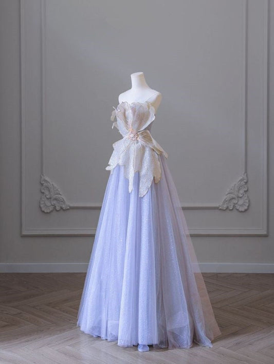 Elegante vestido de noche sin tirantes, corte A, con flores 3D en lila y morado TP1410