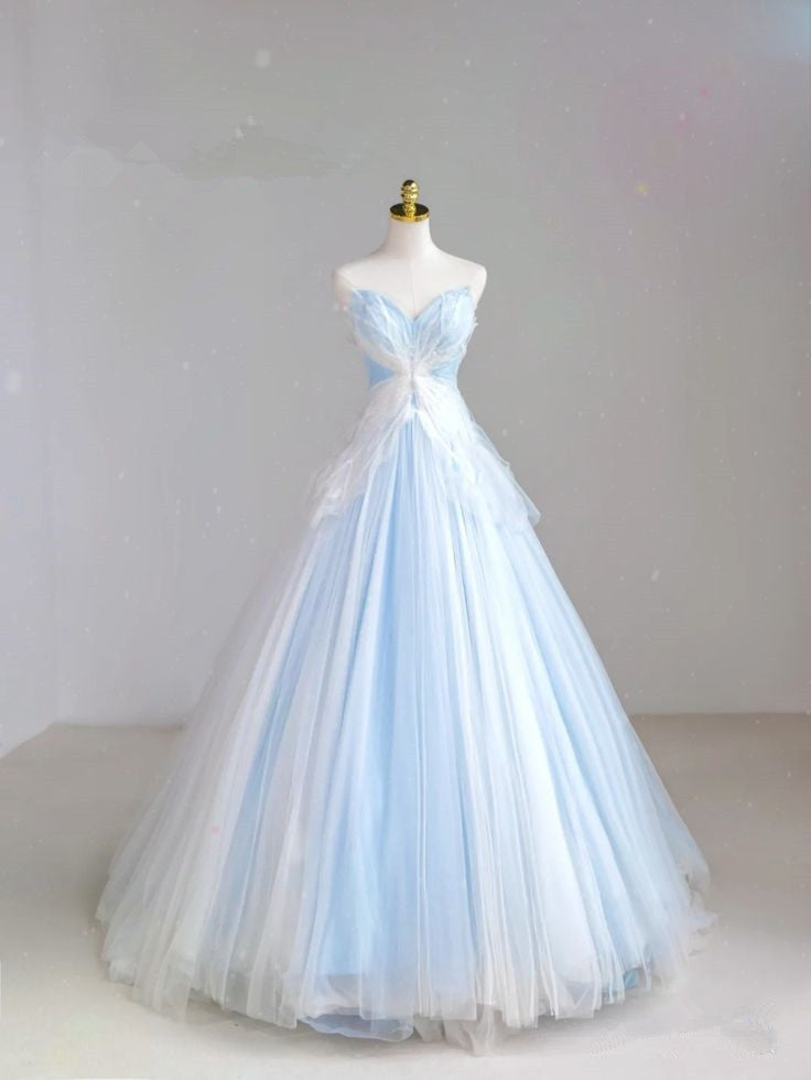Vestido de noche largo de tul azul claro, corte A, escote corazón y mariposa, sin tirantes, TP1411