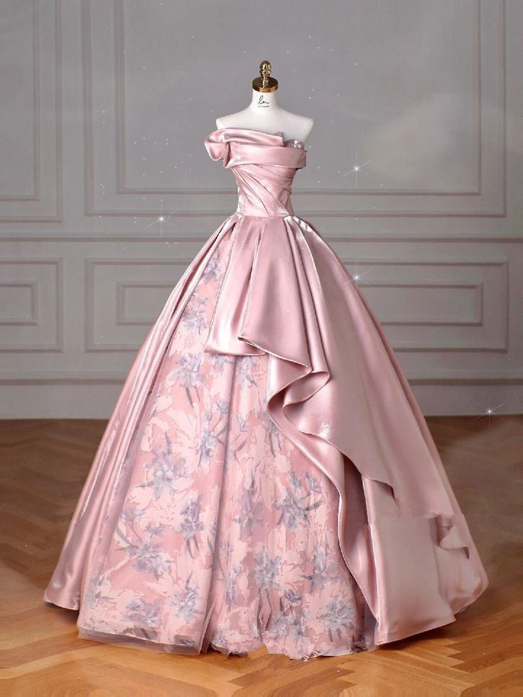 Vestidos de noche rosas de satén con corte en A y estampado floral, sin tirantes, TP1414