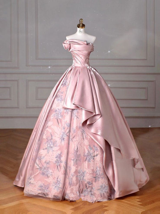 Vestidos de noche rosas de satén con corte en A y estampado floral, sin tirantes, TP1414