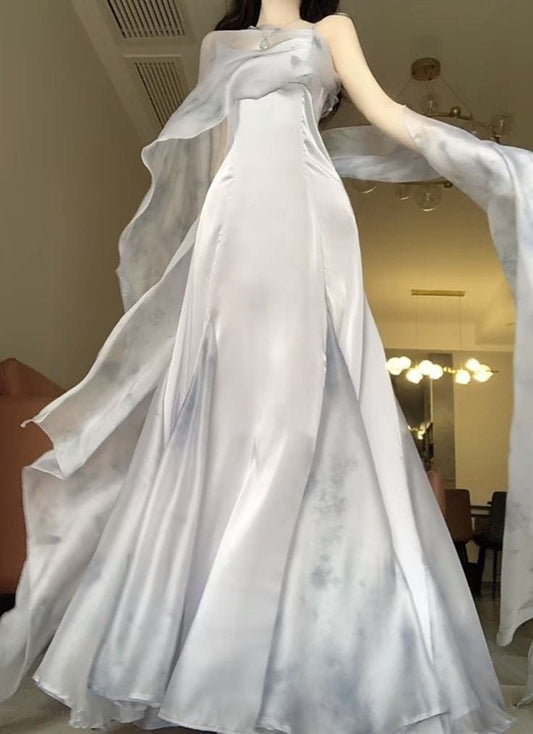 Vestido de fiesta largo de gasa gris con tirantes finos, corte A, TP1424