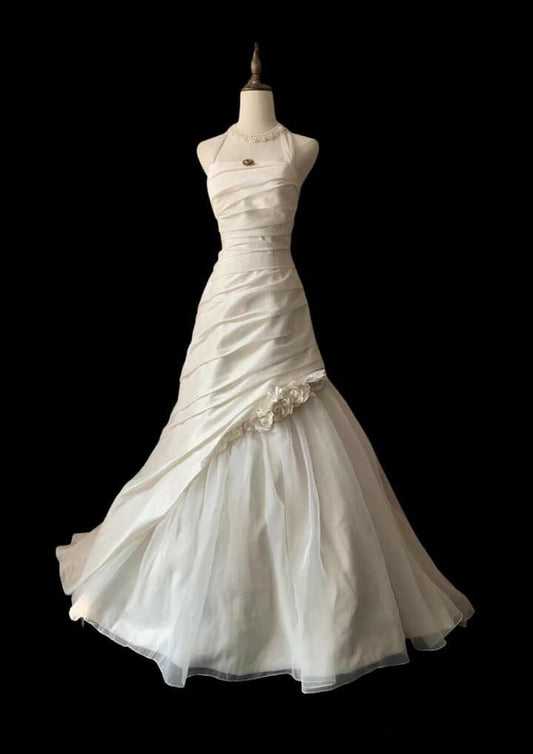 Vestido de noche largo de satén blanco con escote irregular, corte A, TP1427