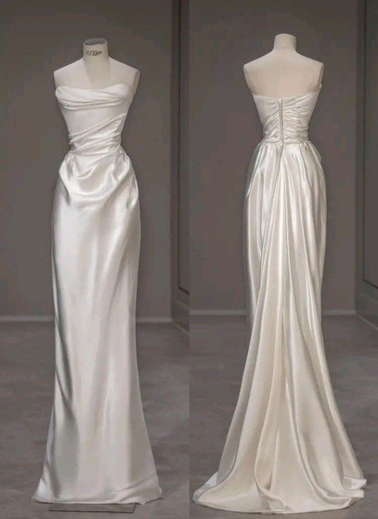 Vestidos de noche largos de satén blanco, sencillos y sin tirantes, TP1450