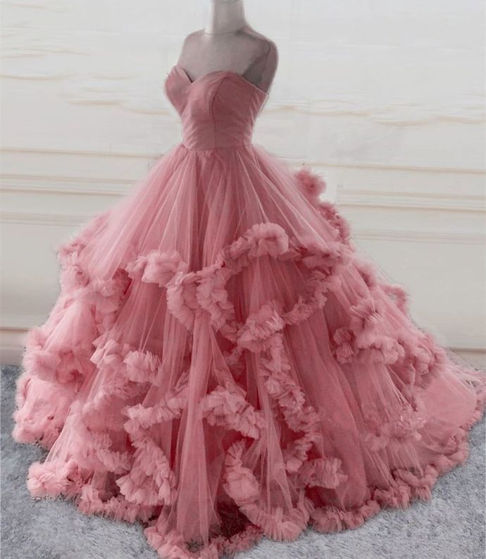 Vestidos de noche largos con escote en forma de corazón, sin tirantes y en capas, color rosa, TP1451