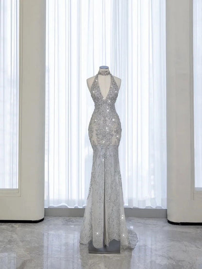 Gray Strapless Neck Mermaid Sparkling Long Evening Gowns TP1452