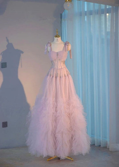 Elegante vestido de noche morado claro con escote en forma de A, tirantes finos y tul, largo, TP1486